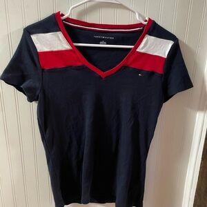 Tommy Hilfiger Women's Navy V-Neck Tee with Red and White Accents